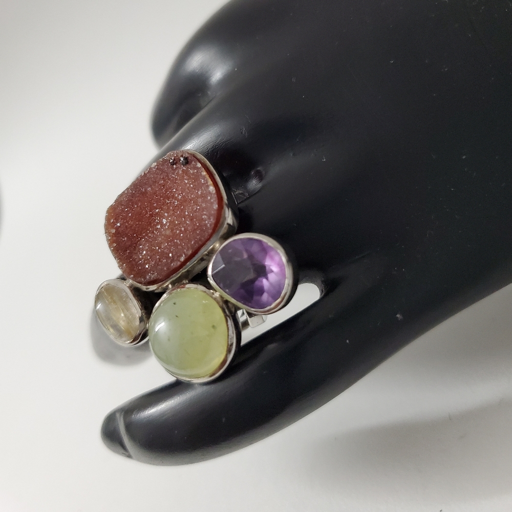 Sterling Silver 925 Gemstone Druzy Cluster Ring